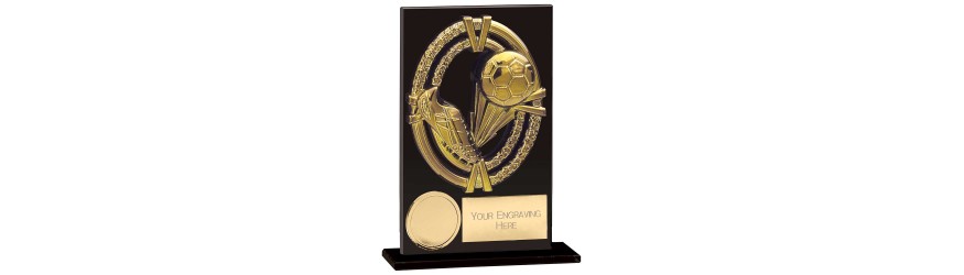 FUSION MAVERICK FOOTBALL BLACK GLASS TROPHY - 5 SIZES - 12.5CM-200CM FUSION MAVERICK FOOTBALL BLACK GLASS TROPHY - 5 SIZES - 12.5CM-200CM